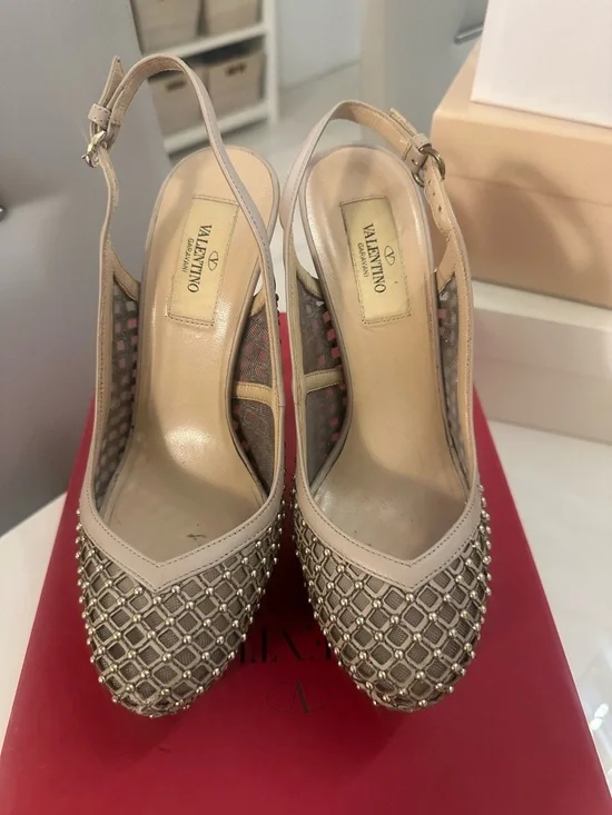 Valentino Taupe Studded Slingback Platform Pumps AUTHENTIC - Picture 2 of 9